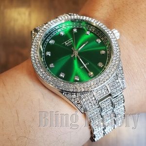 WHITE GOLD PT LUXURY GREEN DIAL METAL BAND WATCH